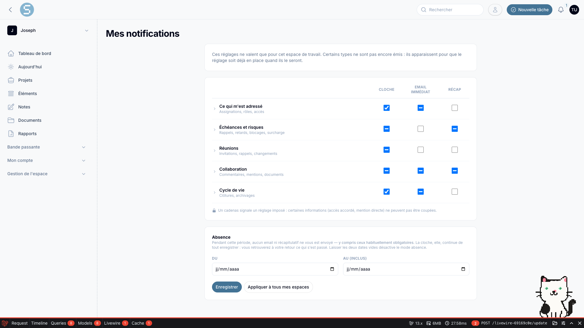 La page Mes notifications — les cinq familles de réglages et le bloc Absence